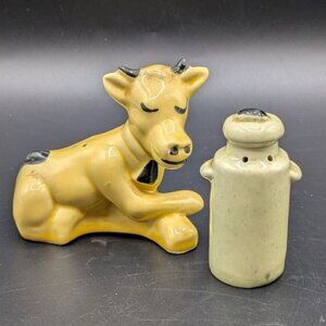 Vintage Resting Yellow Cow and Milk Jug Salt Pepper Shaker Set 3"